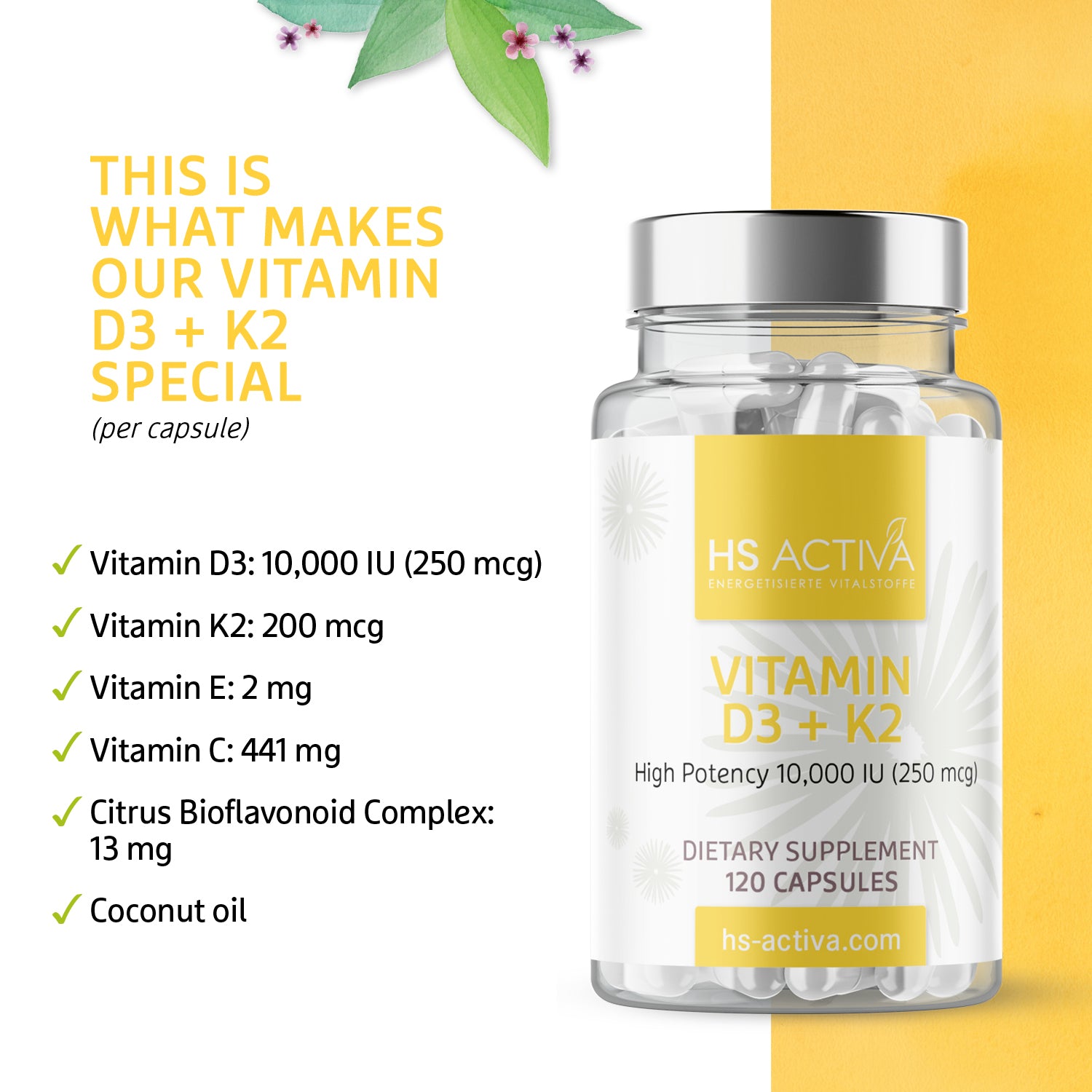 Vitamin D3+K2 - High Potency: 10,000 IU (120 capsules)